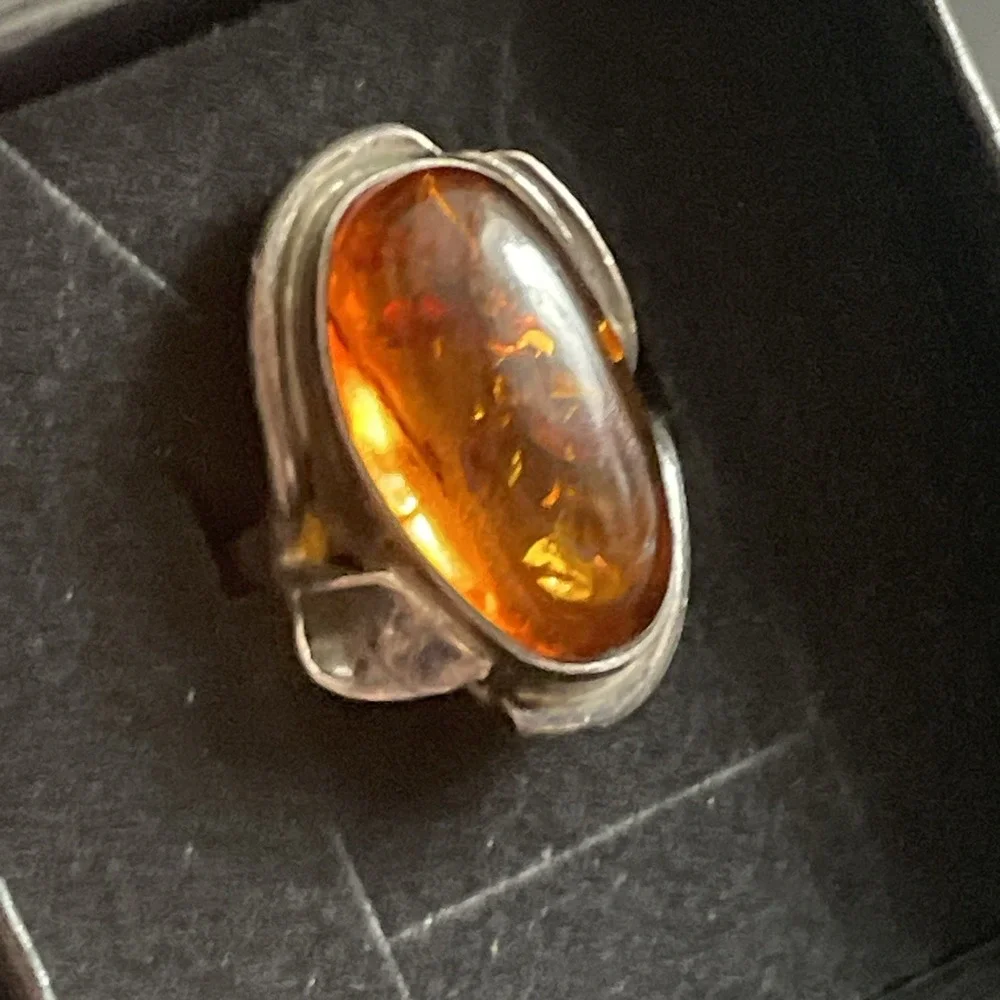 Sterling Silver Amber Ring‎ Statement Chunky 925 Calla Lily Artisan Size 6